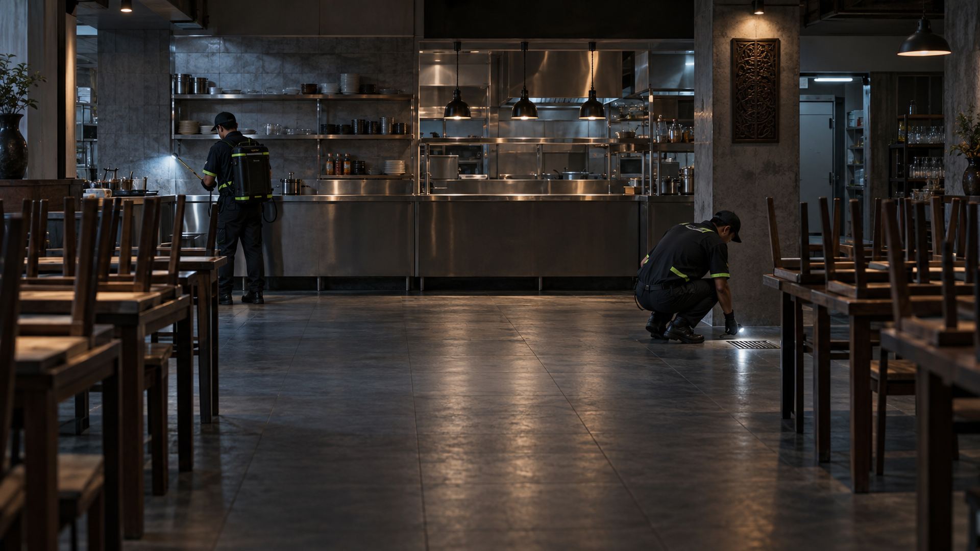 Illustrative image: two technicians in respirators treating a closed restaurant at night