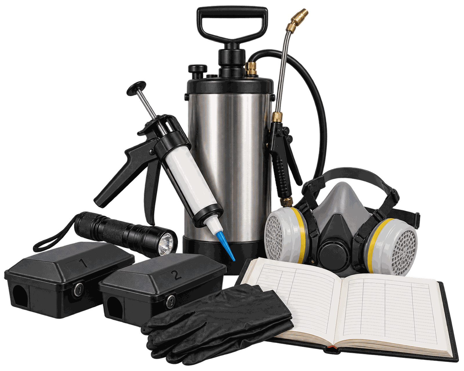 Illustrative image of a pest control service kit: compression sprayer, gel bait applicator, torch, respirator, gloves, bait stations and a service logbook