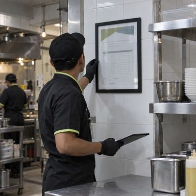 Illustrative image: a framed pest control service certificate on a kitchen wall