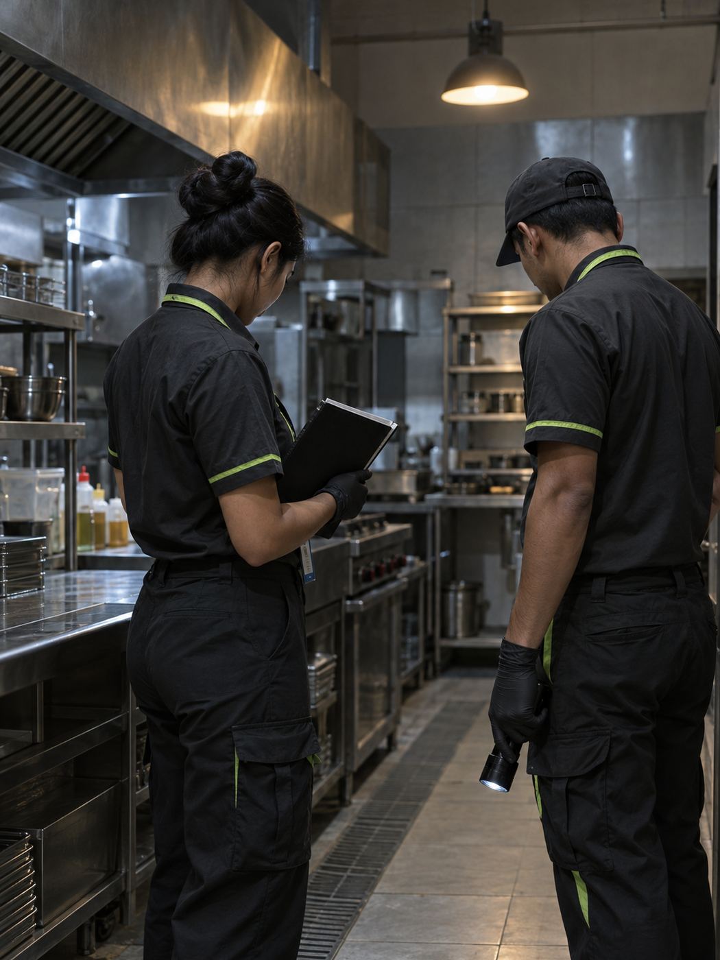 Illustrative image: two technicians in a closed restaurant kitchen at night, one holding a service logbook