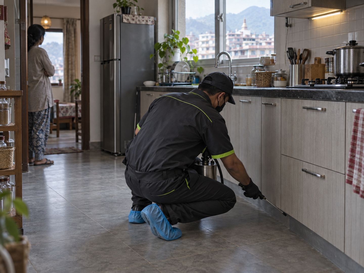 Illustrative image: a technician treating the skirting behind a kitchen cabinet in an apartment