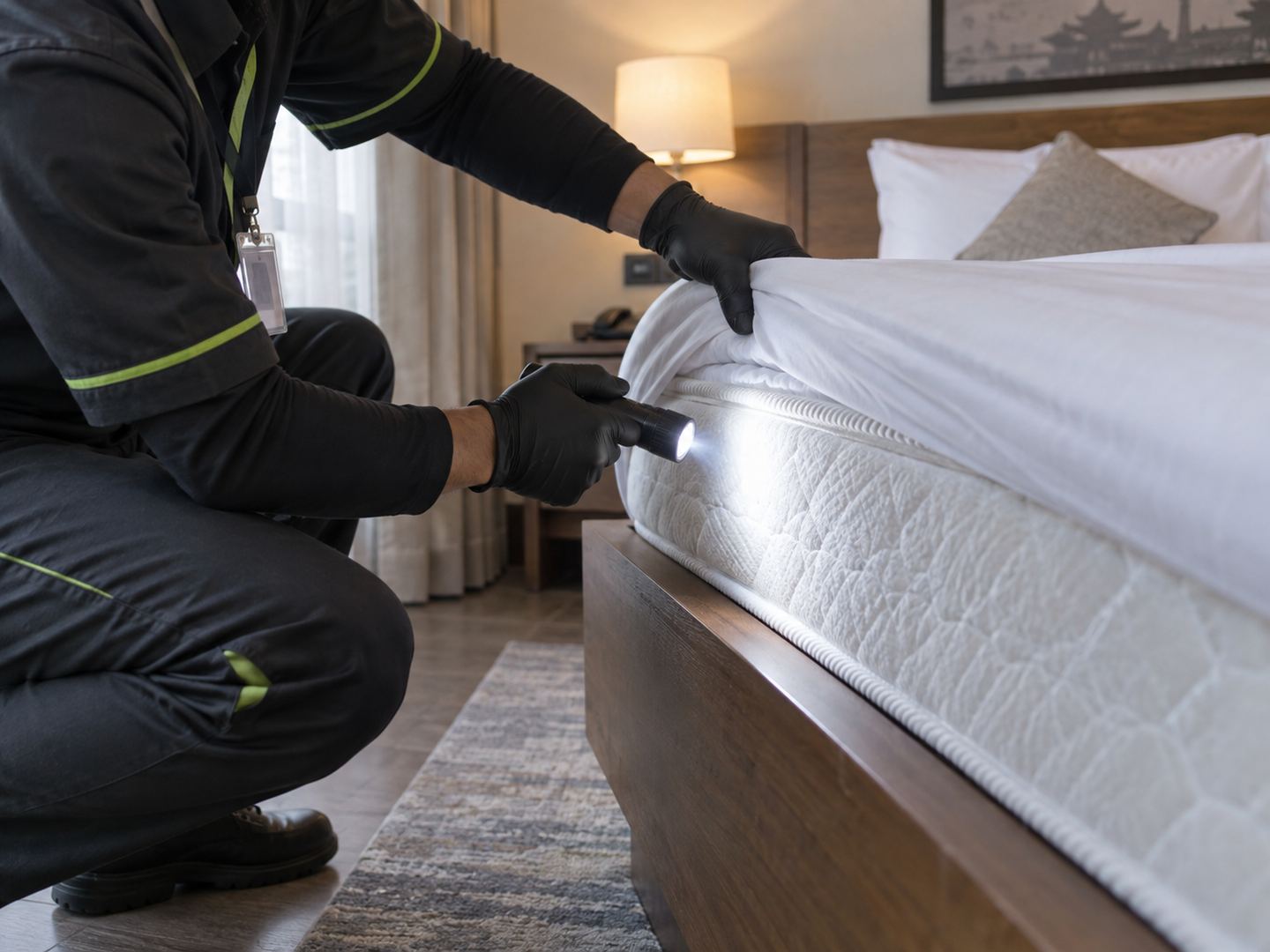 Illustrative image: a technician checking a mattress seam with a torch during a hotel room inspection