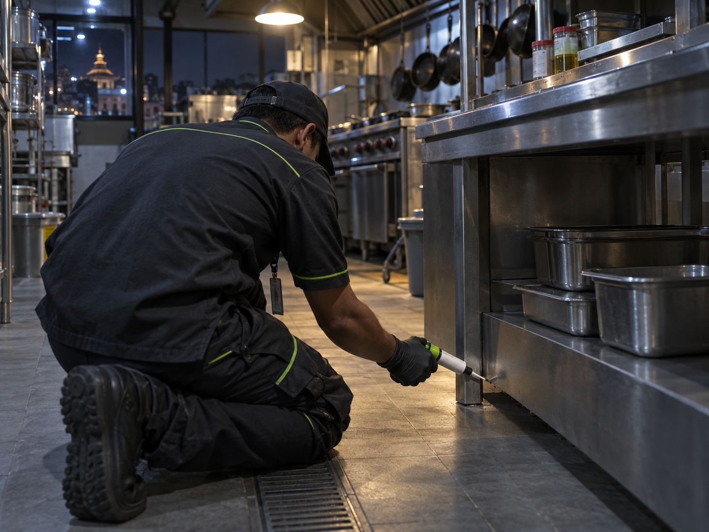 Illustrative image: a technician applying cockroach gel bait under a stainless steel prep counter in a closed kitchen