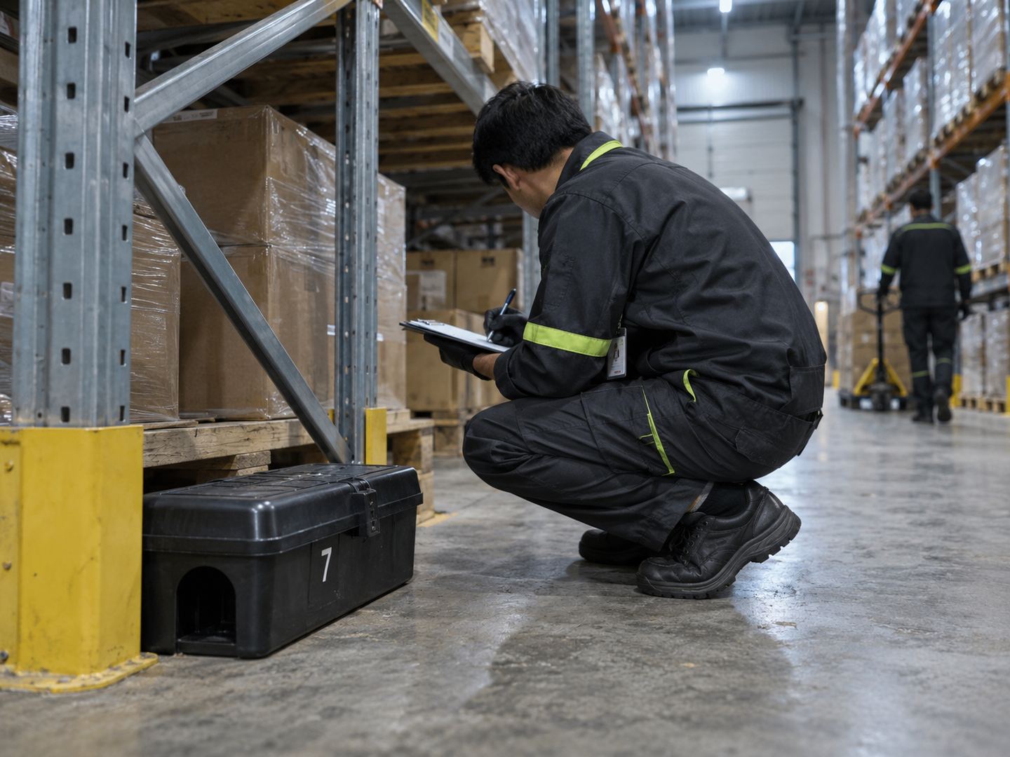 Illustrative image: a numbered rodent bait station at the base of warehouse racking, with a technician recording a reading